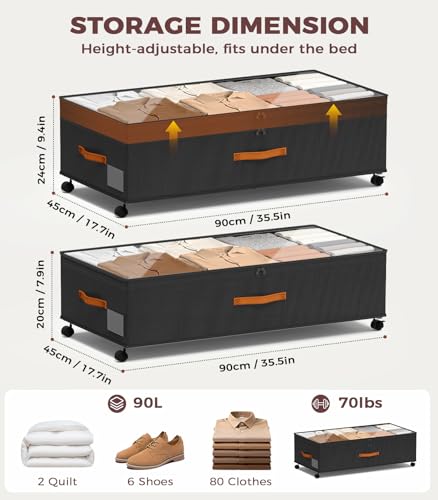 Under Bed Storage with Wheels, 35.5 inches Underbed Storage Large Capacity Under Bed Rolling Containers, 2 Pack Under the Bed Storage for Clothes, Shoes, Blankets (Deep Black) - color: Deep Black