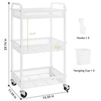 YASONIC 3 Tier Rolling Cart – Metal Utility Storage Carts with Wheels, Craft Carts Organizer with Hanging Cups, Hooks, Mesh Basket for Bedside Kitchen Office Art, White - color: White