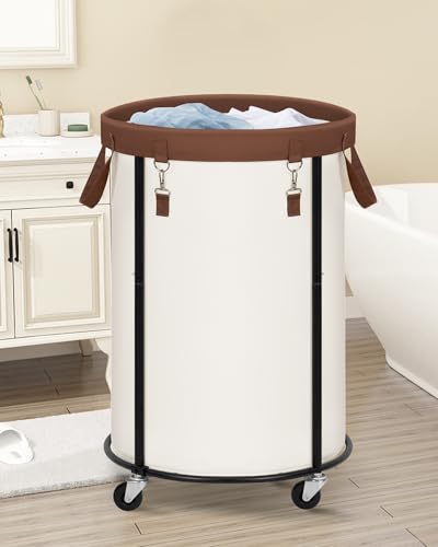 STORAGE MANIAC Rolling Laundry Hamper with Wheels 110L Laundry Basket, Round Laundry Cart with Metal Frame and Removable Bag, Clothes Hamper for Bedroom, Bathroom, Dorm Room, Laundry Room, Beige - color: Beige