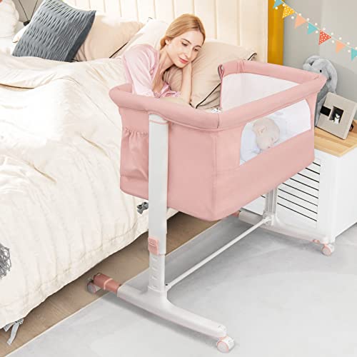 BABY JOY Bassinet Bedside Sleeper, 3 in 1 Folding Crib w/Adjustable Height, Mattress, Lockable Wheels, Storage Pocket & Carry Bag for Infant Newborn, Stationary & Rock, Portable Baby Bassinet (Pink) - color: Pink