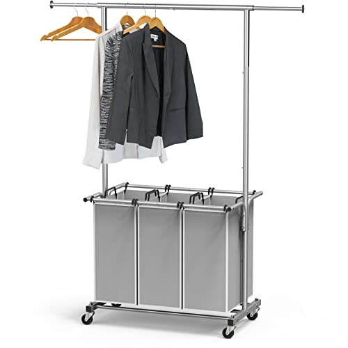 Simple Houseware 3 Bags Laundry Sorter with Extensible Clothes Hanging Rod - color: Silver