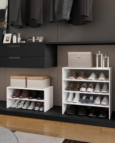 2-Tier Stackable White Shoe Rack, Wooden 2-Shelf Shoe Organizer Freestanding Shoe Storage Stand for 6-9 Pairs, Perfect for Closet, Entryway, Office Use - Modern White
