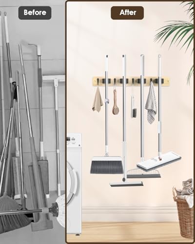 Broom Holder Wall Mounted, Light Wood 4 Holders and 4 Hooks Mop Holder, Wooden Mop and Broom Holder with Anti slip rubber, Natural pine wood Brush Holder, Mop Wall Holde with Nail installation - color: Light Wood, size: 1 Pack