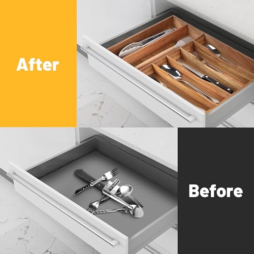 Kitchen Acacia Silverware Organizer - Extra Deep Grooved Drawer Divider, 7 Slot Utensil Organizer - color: Acacia, size: 7 Slots