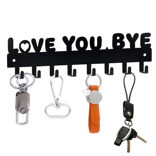 Key Holder for Wall, Key Hooks with 8 Hooks, Key Holder Wall Mount Self Adhesive, Key Rack for Wall No Drill for Entryway, Front Door, Hallway, Living Room (Black-Love You Bye)