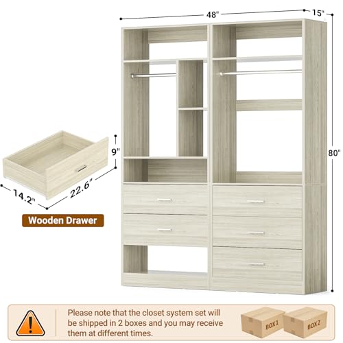 Besiost 4FT Closet Systems with 5 Wood Drawers, 48 Inch Closet Organizer System with 2 Hanging Rods & 7 Shelves, 48" Walk-in Closet, White Oak (48"L x 15" W x 80" H) - color: White Oak