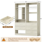 Besiost 4FT Closet Systems with 5 Wood Drawers, 48 Inch Closet Organizer System with 2 Hanging Rods & 7 Shelves, 48" Walk-in Closet, White Oak (48"L x 15" W x 80" H) - color: White Oak