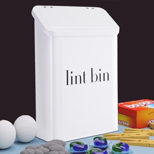 Magnetic Lint Bin with Lint Brush, Two White Hooks, one Black Back Side Hook & All Accessories for Laundry Room Decor, Wall-Mounted Lint Bin with Lid, White Powder Coated, Space-Saving Trash Can - color: White