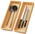 Long Bamboo Kitchen Drawer Organizer Boxes – 17" x 6" Stackable Wood Silverware Utensil Tray for Drawers Bins Cutlery & Flatware Storage – Wooden Pantry Organizers Set of 2 for Junk Drawer Bathroom Rv - size: 17" x 6" x 2"