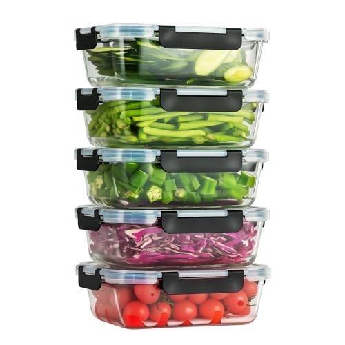 5-Piece Set, 36 oz Glass Meal Prep Containers with Snap-Lock Lids, Airtight Lunch Containers, Microwave, Oven, Refrigerator & Dishwasher Safe,Black - color: Black, size: 5pack-36oz-Black