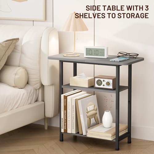 SLEEPING LAMB Side Table for Living Room, 3-Tier End Table for Small Space with Wide Storage Tabletop, Narrow Nightstand for Bedroom, Sofa Couch, Grey - color: Grey