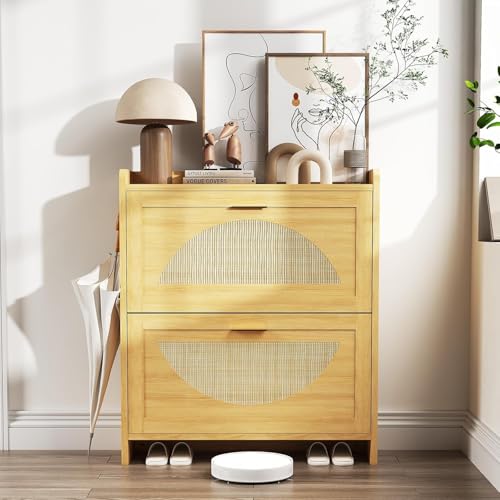 Patikuin Narrow Rattan Shoe Cabinet, 2 Semi-Circular Flip Doors Freestanding Shoe Storage Organizer, MDF Wooden Hidden Slim Shoe Rack for Entryway, Hallway, Foyer, Living Room - size: 2 Flip Drawers