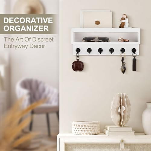 Key and Mail Holder Wall Mount, Key Hanger with Long Storage Box and 6 Hooks for Coat, Dog Leash, Home Decor Rack, House Accessories, Entry Way Organizer (White) - color: White