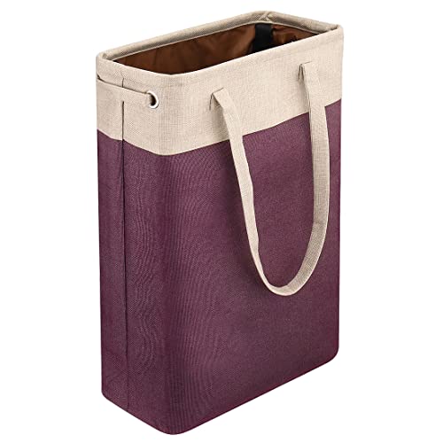 i BKGOO Laundry Basket with Handles Beige&Burgundy Slim Laundry Bin Collapsible Dirty Clothes Basket Narrow Laundry Bag Foldable Dirty Hamper for Camping, Dorms, Apartments - color: Beige&Burgundy