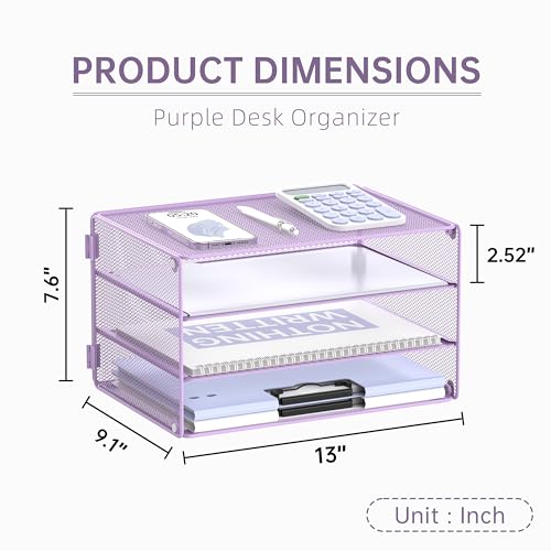 DALTACK 3 Tier Letter Tray Paper Organizer for Desk, Mesh Metal Desk File Organizer with Sliding Trays for Letter/A4 Paper, Mail, Bills & Folders, Light Purple - color: Purple