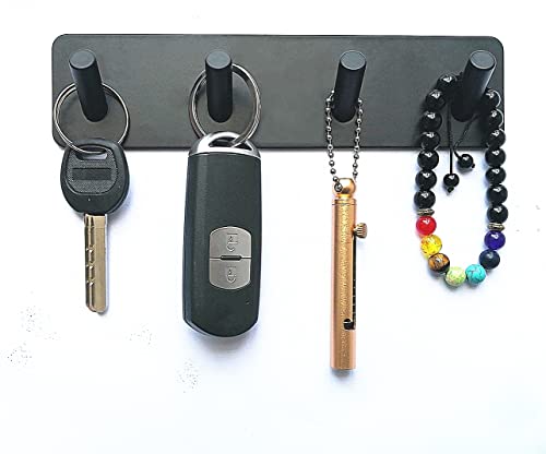 Key Holder for Wall - Adhesive Key Hooks with 4 Hooks, Heavy Duty Stainless Steel, Black, No Screw Holes
