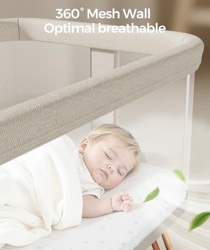 Fodoss Baby Bassinets Bedside Sleeper - 3-in-1 Baby Bassinet with Wheels, Soft Mattress, Storage Tray, Full-Mesh Sides, 7-Height Adjustable Crib for Newborns - color: Beige Tweed+wood Grain