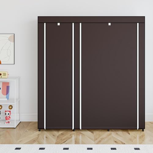 SORCEDAS Portable Wardrobe Closet Storage Organizer Metal Hanging Rack Non-Woven Fabric (Coffee, 51 Inch) - color: Coffee, size: 51 Inch