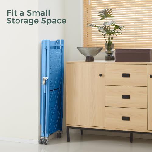 DEANIC 3 Tier Foldable Storage Shelves with Wheels, Kitchen Appliance Stand, Freestanding Metal Wire Shelf Rack, No Assembly Organizer Rolling Cart for Garage, Basement, Pantry(Blue) - color: Blue