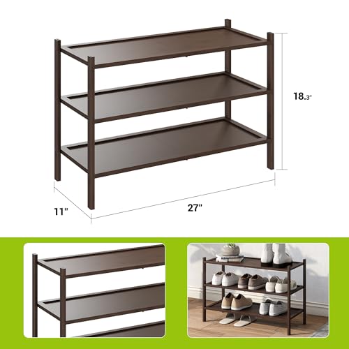 BMOSU 3-Tier Bamboo Shoe Rack Premium Stackable Shoe Shelf Storage Organizer for Hallway Closet Living Room Entryway Organizer(Brown) - color: Brown, size: 3-Tier（27*11*18.3inches）