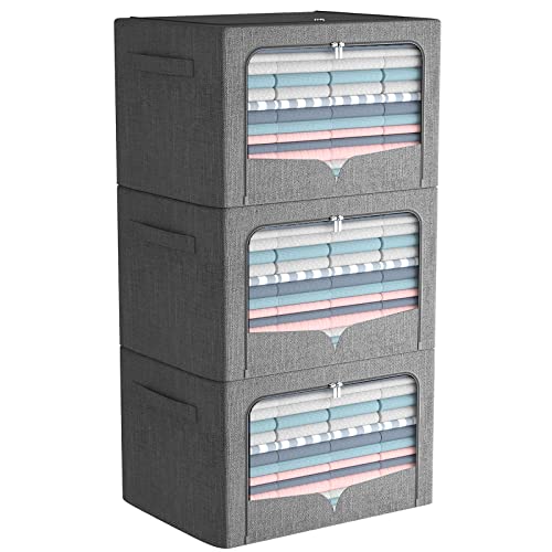FHSQX 3 Pack Clothes Storage Bins - Foldable Metal Frame Storage Box - Stackable Linen Fabric Container Organizer Set with Carrying Handles and Clear Window (Dark Gray, 19.7x15.7x13inch(66L)) - color: Dark Gray, size: 19.7x15.7x13inch(66L)