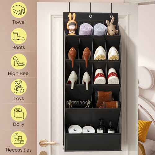 18 Pairs Over the Door Shoe Organizer, Shoe Rack for Closet Door with Large Breathable Pockets, Hanging Shoes Rack for Boots, Behind the Door Organizer Shoe Holder for Categorized Storage, Black - color: Black 15 POCKET
