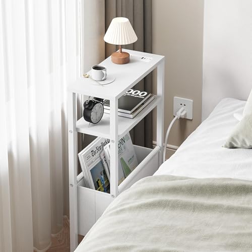Narrow Side Table with Charging Station Slim End Table Sofa with Magazine Rack, Bedside Table for Small Spaces, 3 Tier Nightstand for Living Room Couch, Bedroom White LET503WE - color: White