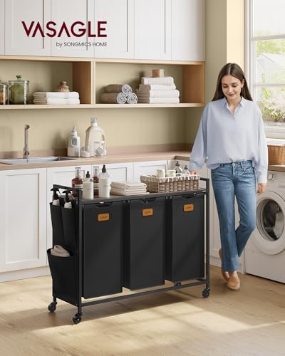 VASAGLE Laundry Hamper, Laundry Sorter Rolling Cart with Shelves, Small Side Pockets, 6 Labels, 3 Compartments, 39.6 Gal. (150 L), Ink Black and Ash Brown UBLH223BH01 - color: Ink Black + Ash Brown, size: 3 Bags