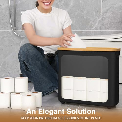 Toilet Paper Storage with Bamboo Lid,Foldable Basket Organizer for Bathroom, Holds 9 Mega/12 Regular Rolls, Waterproof Toilet Paper Holder Storage with Non-Slip Base,Black - color: Black