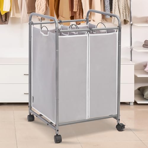 STORAGE MANIAC Laundry Sorter 2 Section, 90 L Gal Laundry Hamper with Wheels, Clothes Basket Separator Sorter, 2 Bag Clothes Cart with Wheels and Removable Bags for Closet, Dorm, Collage, Grey - color: Gray, size: 2 Section