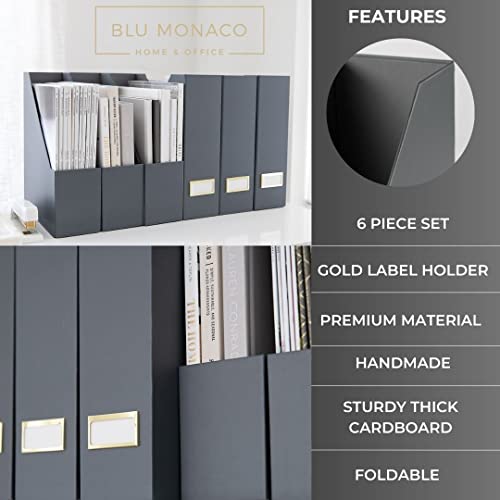 BLU MONACO | Set of 6 Foldable Grey Magazine File Holders with Gold Label Holders | Vertical File Organizer Boxes for Desk, Bookshelf & Home Office Storage - color: Grey
