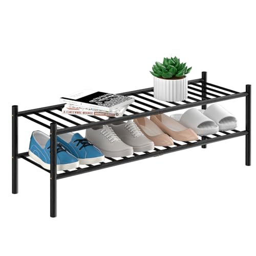 ROMGUAR CRAFT 2-Tier Bamboo Long Shoe Rack, Free Standing Wood Shoe Shelf Storage Organizer for Closet Entryway Stackable 35"x11"x13" (Black) - color: Black, size: 2-Tier(Long)