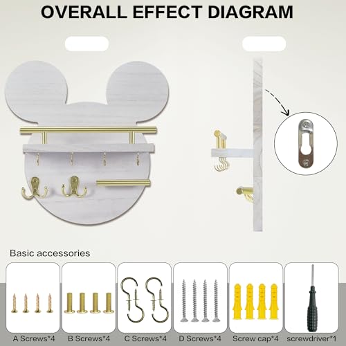 AIRPOP Key Holder for Wall–Mouse Wooden Mail Organizer Wall Mount with Shelf and 6 Hooks, Easy Installation Key Rack Hanger for Entryway Living Room Home Decor(White) - color: White