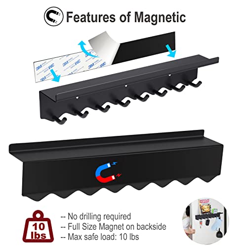Volnamal Key Holder Wall Mount, Magnetic Key Hooks and Mail Organizer Tray with 8 Hooks, Adhesive Key Rack Hanger for Entryway, Refrigerator, Black