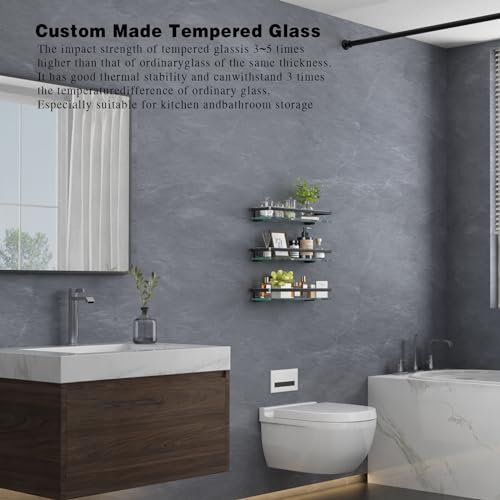 VOLPONE Bathroom Wall Shelf 15.7in Bathroom Glass Shelves Wall Mount Glass Shelf Rustproof Bathroom Wall Organizer 3 Tier (Black) - style: 3 tier without towel bar black