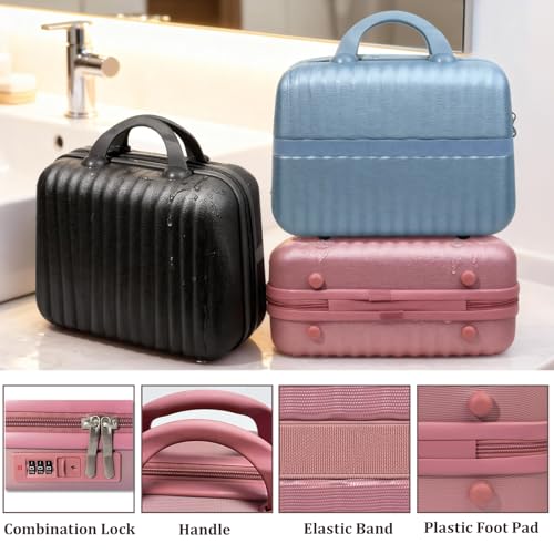 14 Inch Makeup Train Case with Lock Hard Shell Cosmetic Travel Case w Elastic Strap, ABS Portable Toiletry Bag for Toiletries Make up Storage Case Gift for Women Adult - color: Rosegold, size: 14 Inch