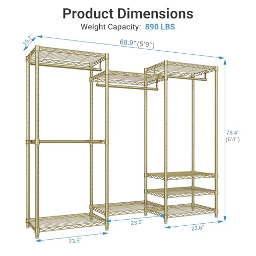 VIPEK V5 Portable Closet Wardrobe Heavy Duty Clothes Rack, Freestanding Metal Clothing Racks Custom Closet Racks with 8 Adjustable Shelves, 68.9" Lx15.7 Wx76.4 H, Max Load 890LBS, Gold - color: Gold, size: V5 Standard