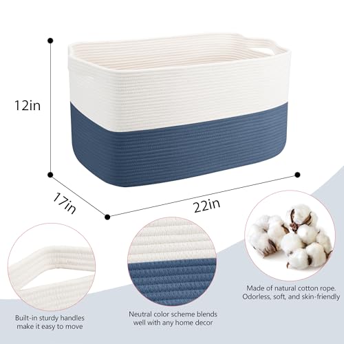 MEGASKET Extra Large Rope Basket, 22" x 17" x 12" Woven Stuffed Animals Storage Bin, Kids Dog Stuff Toy Box Organizer, Living Room Nursery Organization, Big Basket Container for Blankets Clothes - color: White & Dark Blue, size: 22"x17"x12"