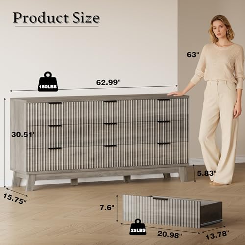 BORNOON 63" Long Dresser for Bedroom, 9-Drawer Fluted Dresser, Extra-Wide Wood Chest of Drawers with Smooth Metal Slides, Stable Base, Modern Clothes Storage Cabinet for Living Room, Hallway, Nursery - color: Rustic Drift, size: XL 9-Drawer