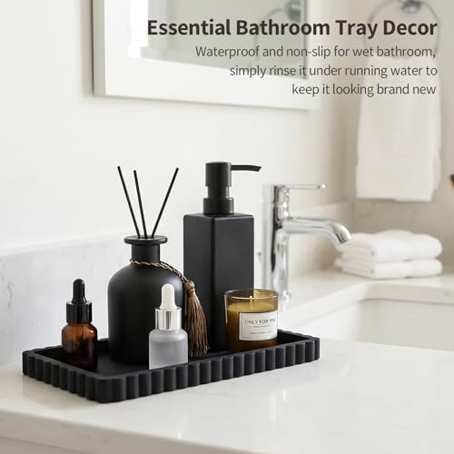 Silicone Bathroom Vanity Tray, Sink Caddy for Dish Soap Dispenser, Sponge Holder for Kitchen Sink, Rectangle Bathroom Countertop Organizer for Perfume, Jewelry, Candle (9.9” * 6”, Black) - color: Black, size: 9.9" x 6" x 0.7"