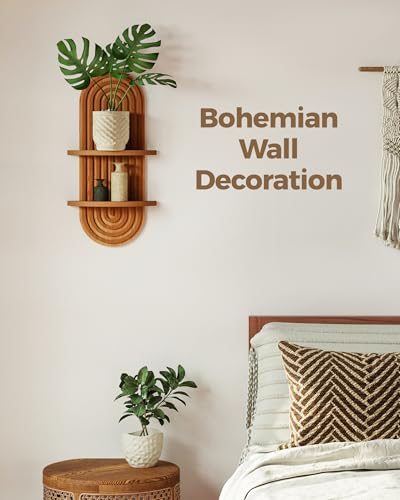 Bamworld Boho Wall Decor Brown Plant Wall Shelf Mid Century Modern Decor Hanging Plant Shelf 16.7in 2 Tier Wooden Floating Shelves for Home Bathroom Bedroom Living Room Office Holding Planter - color: Brown - Glossy, size: 16.7'' -1 Pcs