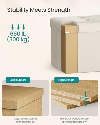 SONGMICS Mazie Collection - 30 Inches Storage Ottoman, Foldable Storage Bench with Flipping Lid, 660 lb Load Capacity, for Entryway, Living Room, Bedroom, Velvet Fabric, Cream White ULSF048LH01 - color: Cream White, size: 15"D x 30"W x 15"H
