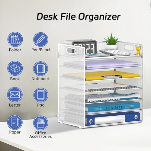 7 Tier Paper Organizer - Mesh Desktop File Holder with Handles for Office School Desk, Black (White) - color: White