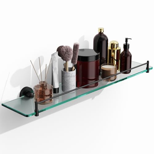 24 Inch Glass Bathroom Shelves,Matte Black Floating Shelves for Wall Rectangular Modern Stainless Steel Glass Shelf for Bathroom Shelves Wall Mounted - color: Matte Black, size: 24"with railing