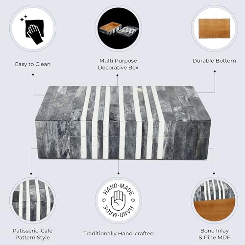 Handicrafts Home Decorative Storage Box with Lid, Patisserie Cafe Stripe Pattern Remote Holder Box, Wide Coffee Table Storage Organizer, Wooden Living Room Kitchen Storage Box, Grey & White, 10x6x2.5 - color: PATISSERIE-CAFE, size: 10x6x2.5 Inch