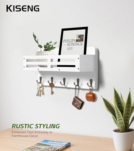 Key Holder Wall Mount Farmhouse Key Hooks for Wall with Mail Organizer Decorative Key Rack with 5 Sturdy Hooks for Dog Leash, Sunglasses, Rustic, Paulownia Key Hanger for Entryway - color: White, size: 13.7IN
