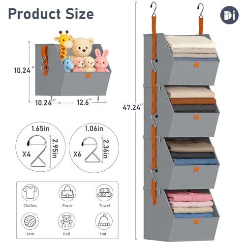 DIMJ Hanging Closet Organizer - 4 Tier Collapsible Hanging Shelves with Hooks Zipper, Fabric Clothes Organizer, Space-Saving Storage Bin Basket for RV, Bedroom, Laundry Organization - color: Grey, size: 4 Pack