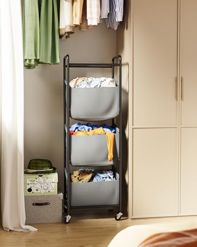 3 Section Laundry Sorter with Removable Bags, 120L Rolling Vertical Laundry Hamper, Stackable Laundry Baskets organizer for Bathroom, Apartment, Dorm (Gray, With Wheel) - color: Gray, size: With Wheel