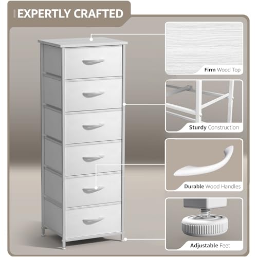 Sorbus Fabric Dresser for Kids Bedroom - Chest of 6 Drawers, Tall Storage Tower, Clothing Organizer, for Closet, for Playroom, for Nursery, Steel Frame, Fabric Bins - Wood Handle (White) - color: White, style: 6 Drawer