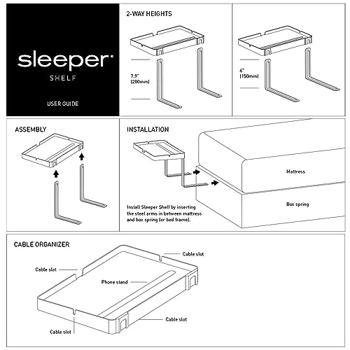 Sleeper Shelf Bedside Phone Stand & Cable Organizer Lined with Silicone for Anti-Slip/Small Space Nightstand, Under Mattress, Height Adjustable
